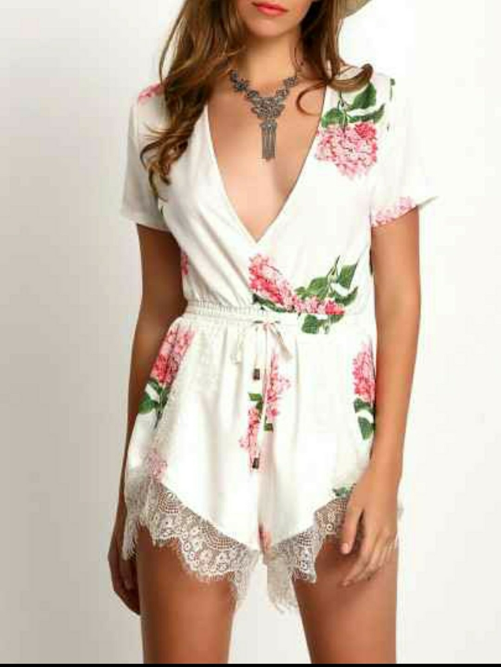 Xenia Boutique White Floral Lace-Trim Romper with Drawstring